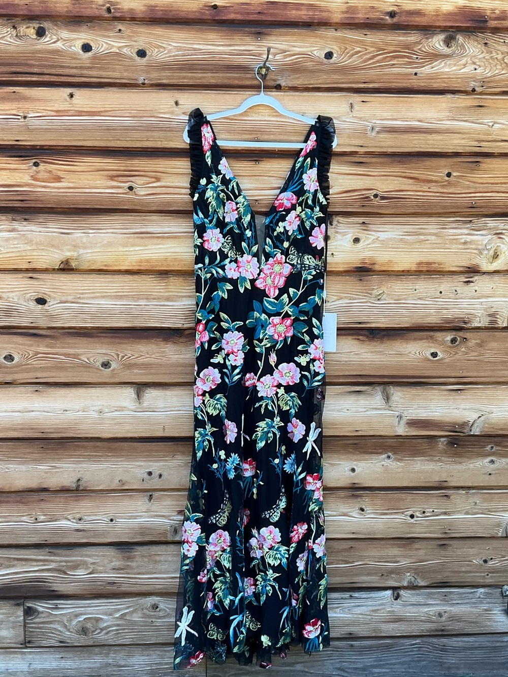 NWT Mac Duggal Embroidered Floral Plunge Neck Trumpet Gown Black Multi Size 10 - Picture 6 of 15
